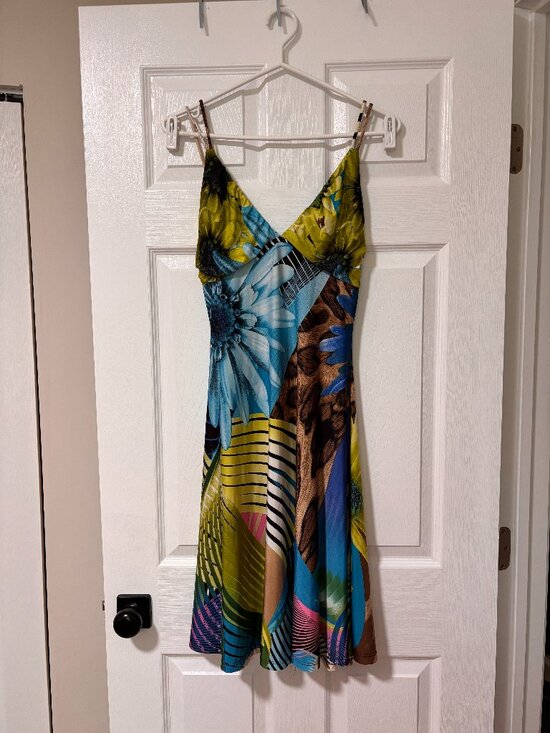 Dresses & Skirts - Abstract Print Midi Dress | Blue & Green Colourful Spaghetti Strap Dress (M)